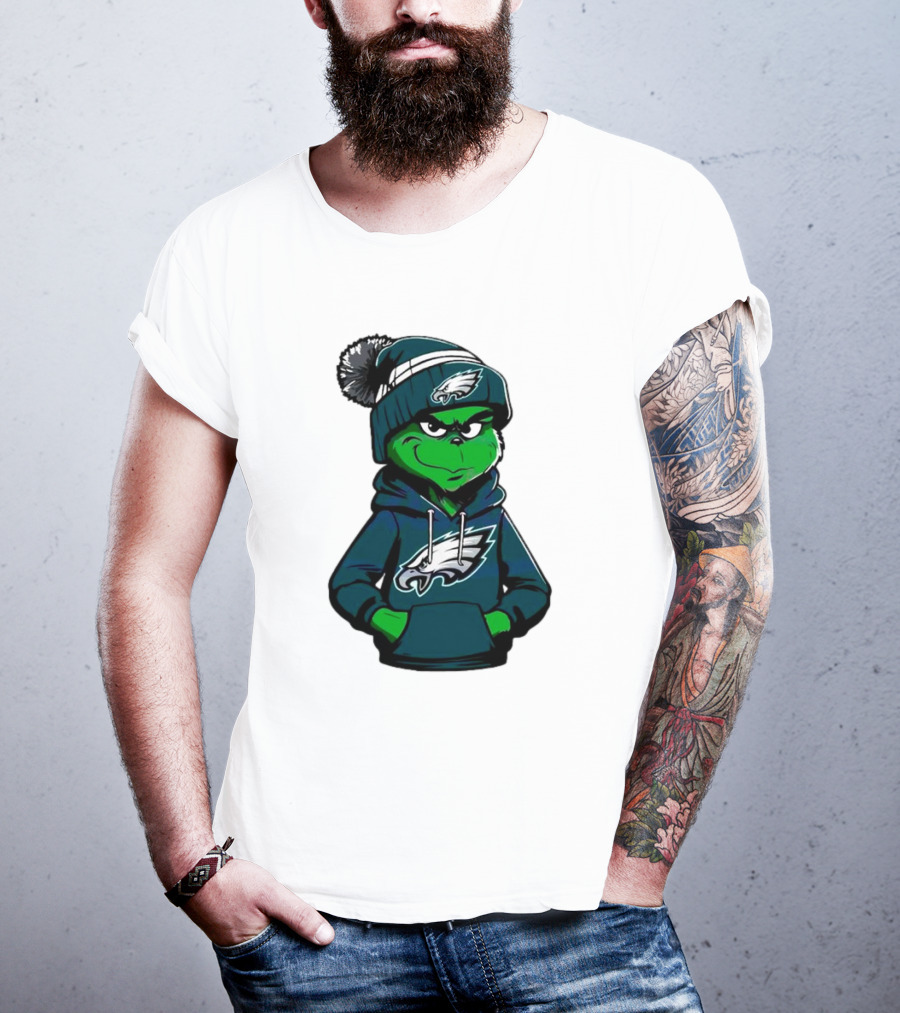 Grinch Dressed In Philadelphia Eagles Hoodie And Hat T-Shirt