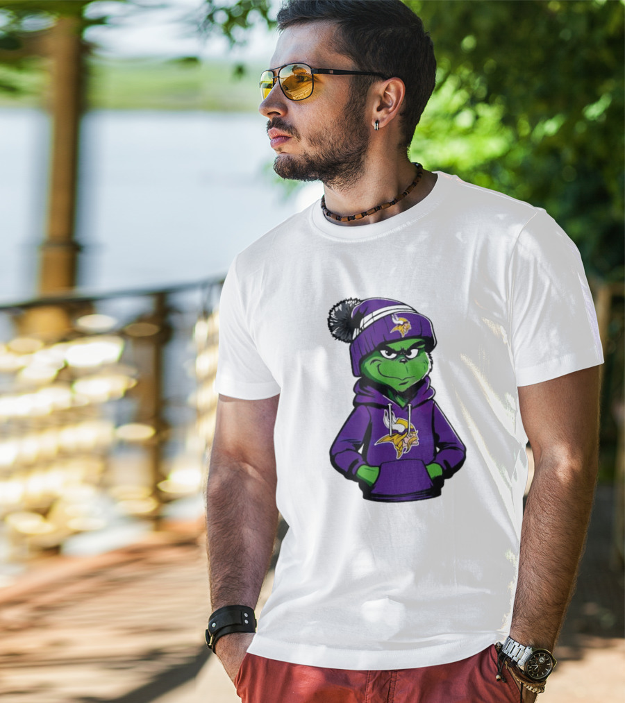 Grinch In Minnesota Vikings Hoodie And Hat With Team T-Shirt