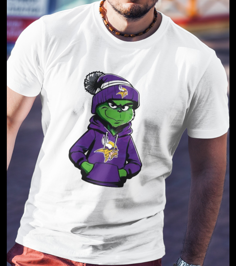 Grinch In Minnesota Vikings Hoodie And Hat With Team T-Shirt