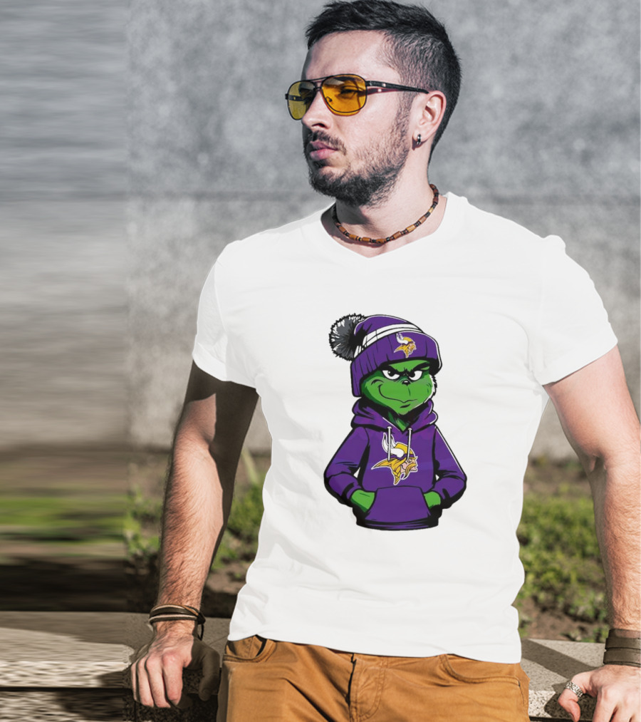 Grinch In Minnesota Vikings Hoodie And Hat With Team T-Shirt