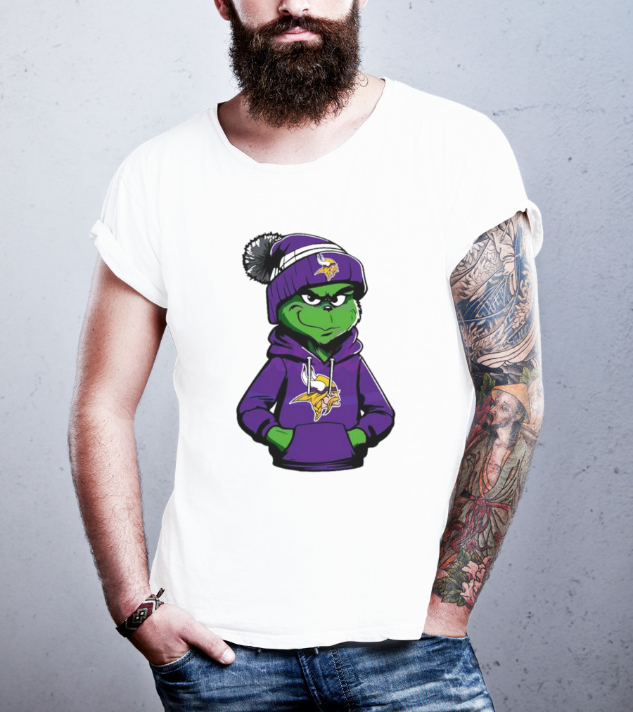 Grinch In Minnesota Vikings Hoodie And Hat With Team T-Shirt