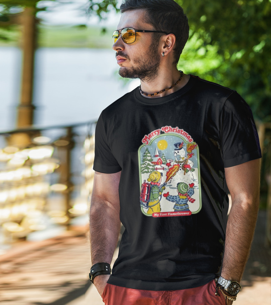 Merry Christmas My First Flamethrower Vintage Snowman Scene T-Shirt