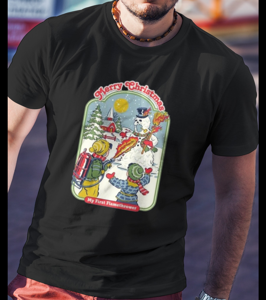 Merry Christmas My First Flamethrower Vintage Snowman Scene T-Shirt