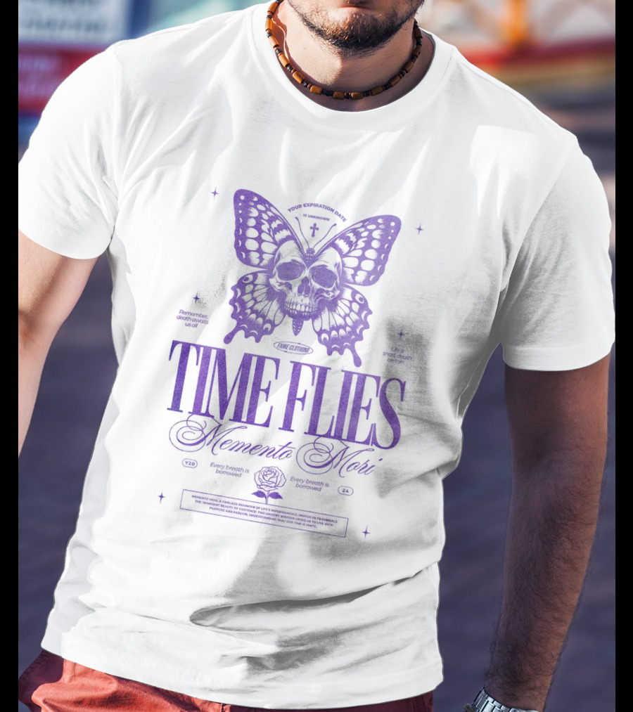 TIME FLIES Memento Mori Butterfly Skull T-Shirt