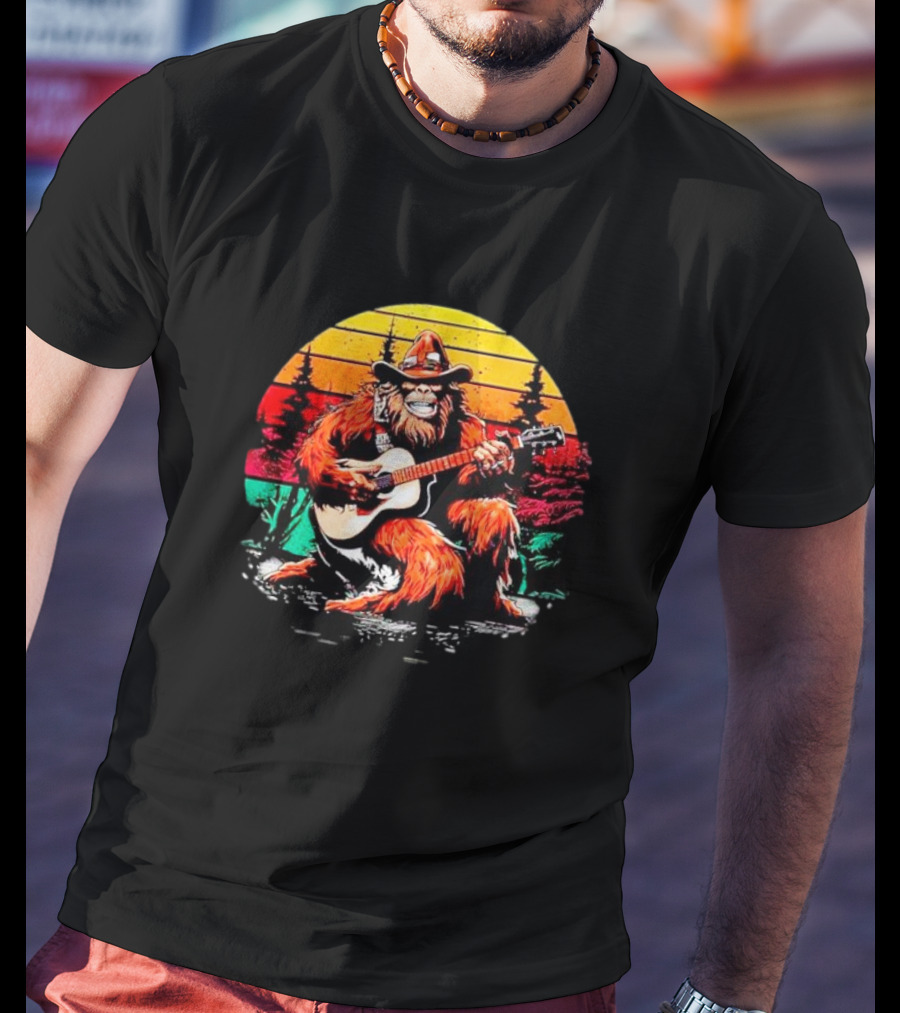Bigfoot Playing Guitar Retro Sunset Forest Vintage Styles T-Shirt