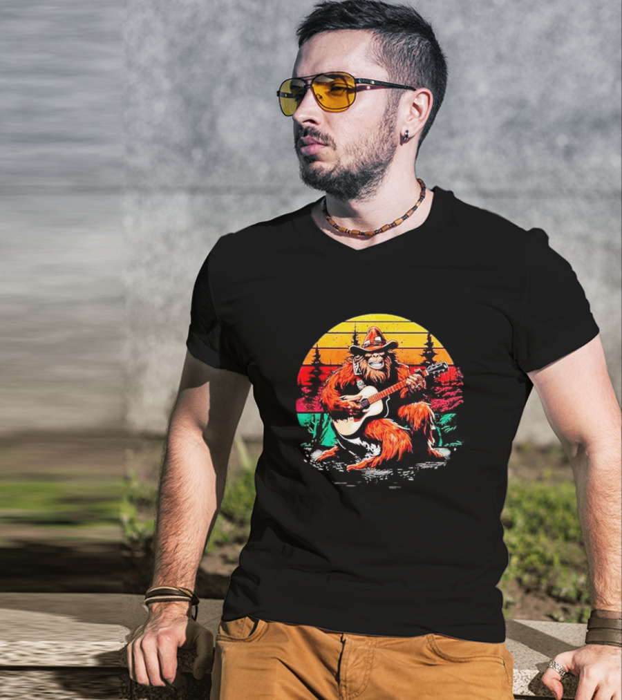 Bigfoot Playing Guitar Retro Sunset Forest Vintage Styles T-Shirt