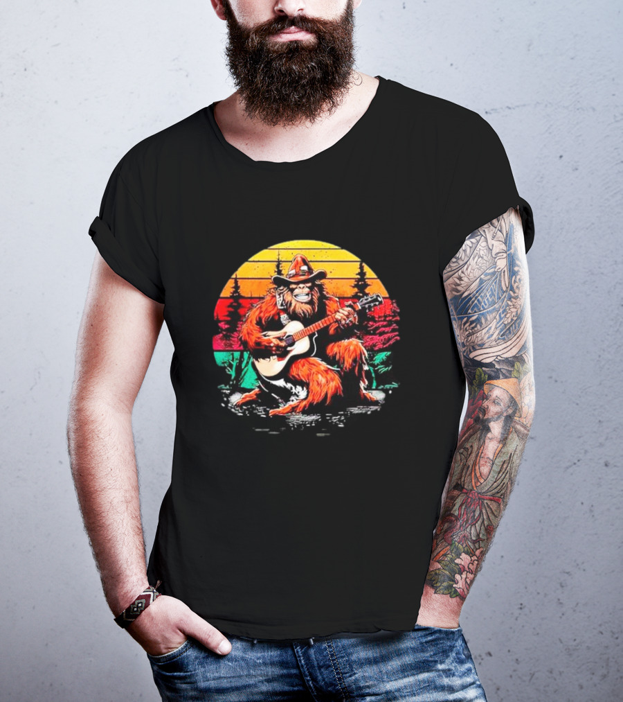 Bigfoot Playing Guitar Retro Sunset Forest Vintage Styles T-Shirt