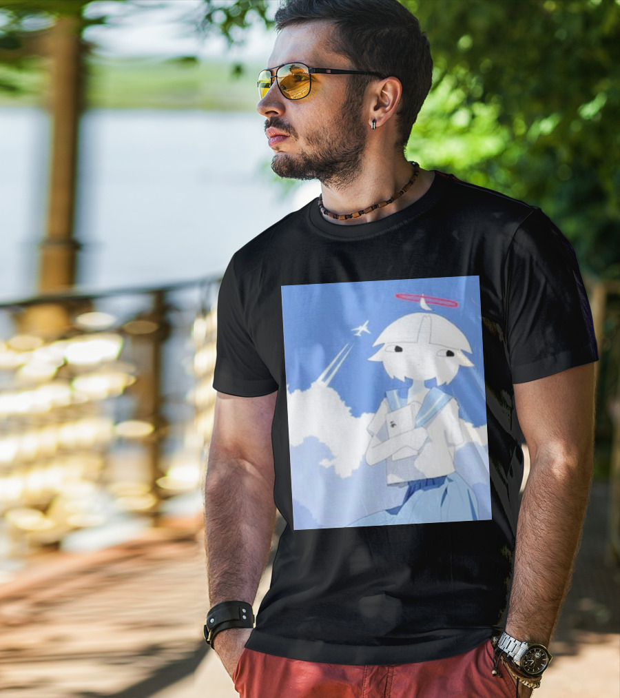 Chew’s District Clowdy Angelic Character Holding Notebook In Blue Sky With Airplane T-Shirt