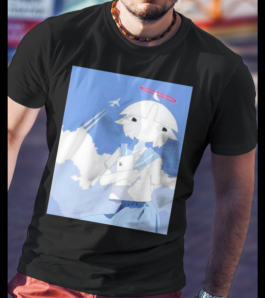 Chew’s District Clowdy Angelic Character Holding Notebook In Blue Sky With Airplane T-Shirt