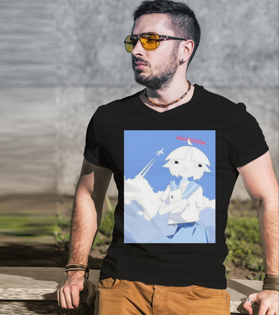 Chew’s District Clowdy Angelic Character Holding Notebook In Blue Sky With Airplane T-Shirt