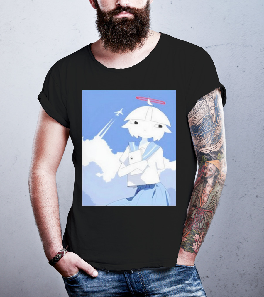 Chew’s District Clowdy Angelic Character Holding Notebook In Blue Sky With Airplane T-Shirt