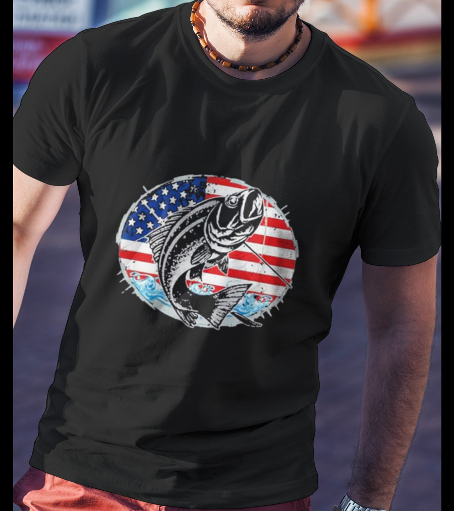 Fishing Lovers American Flag Bass Catch Waves Patriotic T-Shirt