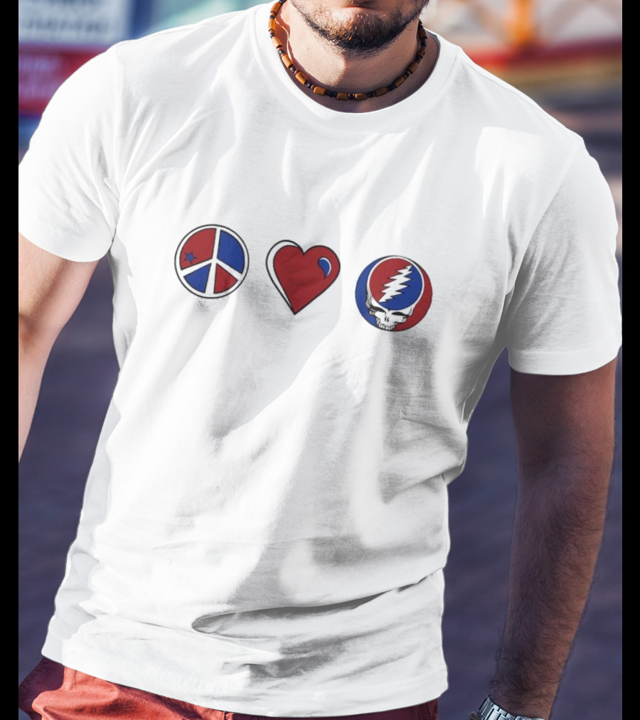 Love Peace Grateful Dead Skull Red And Blue Icons T-Shirt