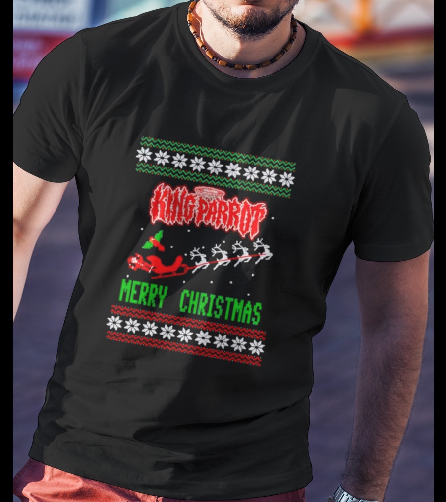 King Parrot Merry Christmas Ugly Sweater Rudolf Reindeer Sleigh Snowflakes T-Shirt