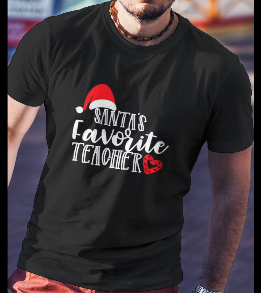 Santa's Favorite Teacher Christmas Red Heart Santa Hat T-Shirt