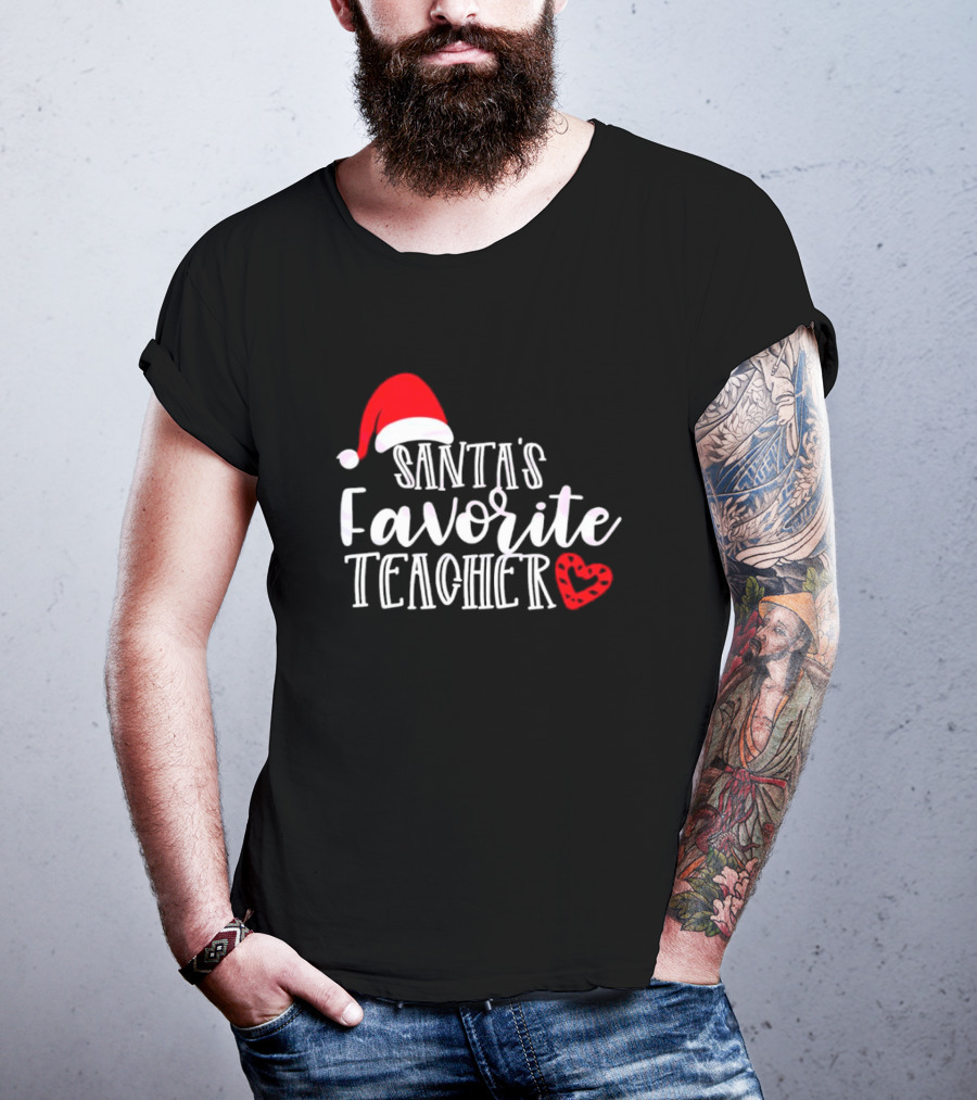 Santa's Favorite Teacher Christmas Red Heart Santa Hat T-Shirt