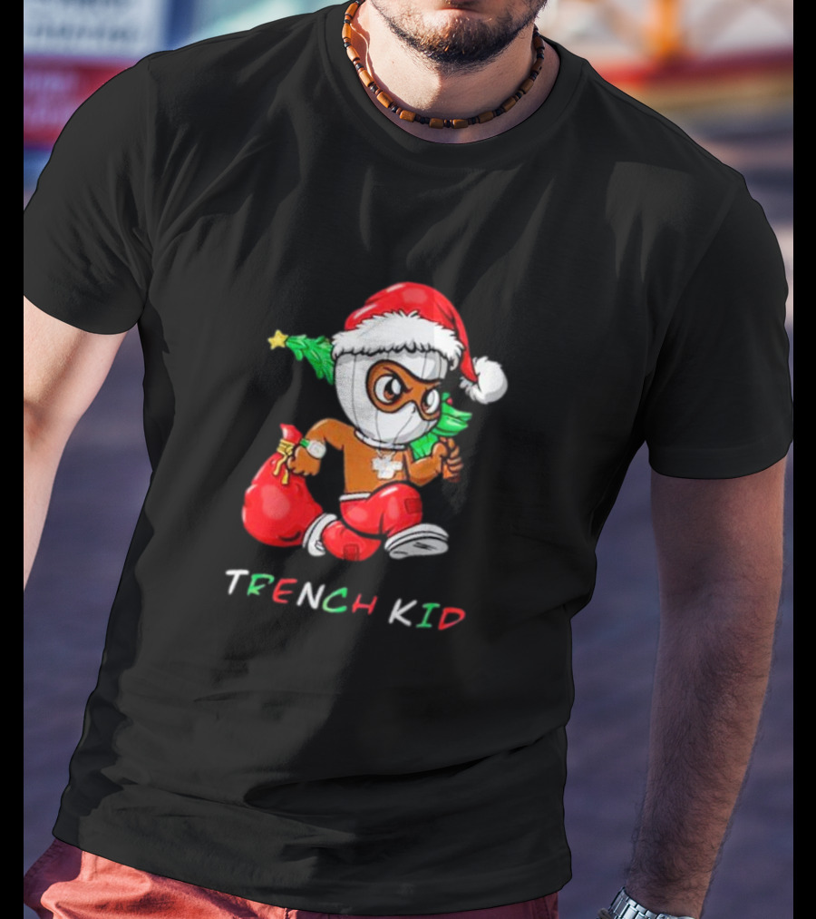 Trench Kid Festive Santa Holding Christmas Tree T-Shirt