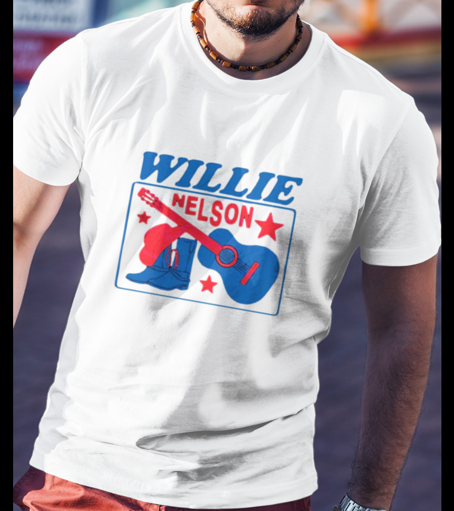 WILLIE NELSON Guitar Cowboy Boots Hat Stars T-Shirt
