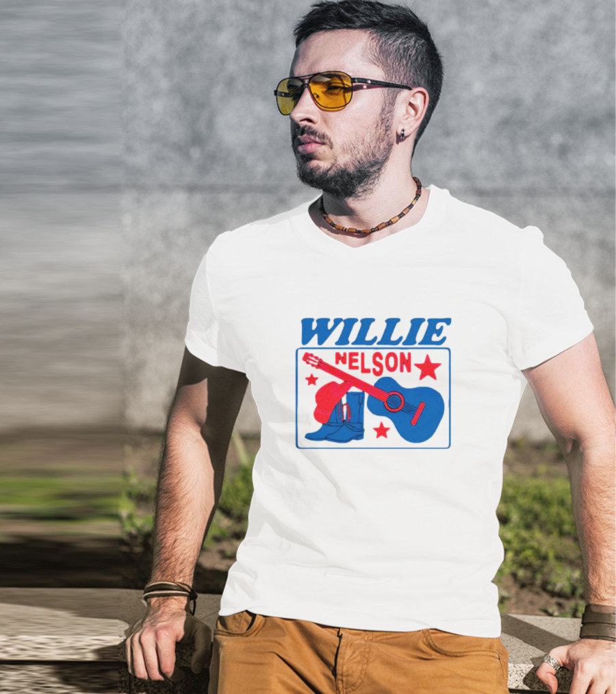 WILLIE NELSON Guitar Cowboy Boots Hat Stars T-Shirt