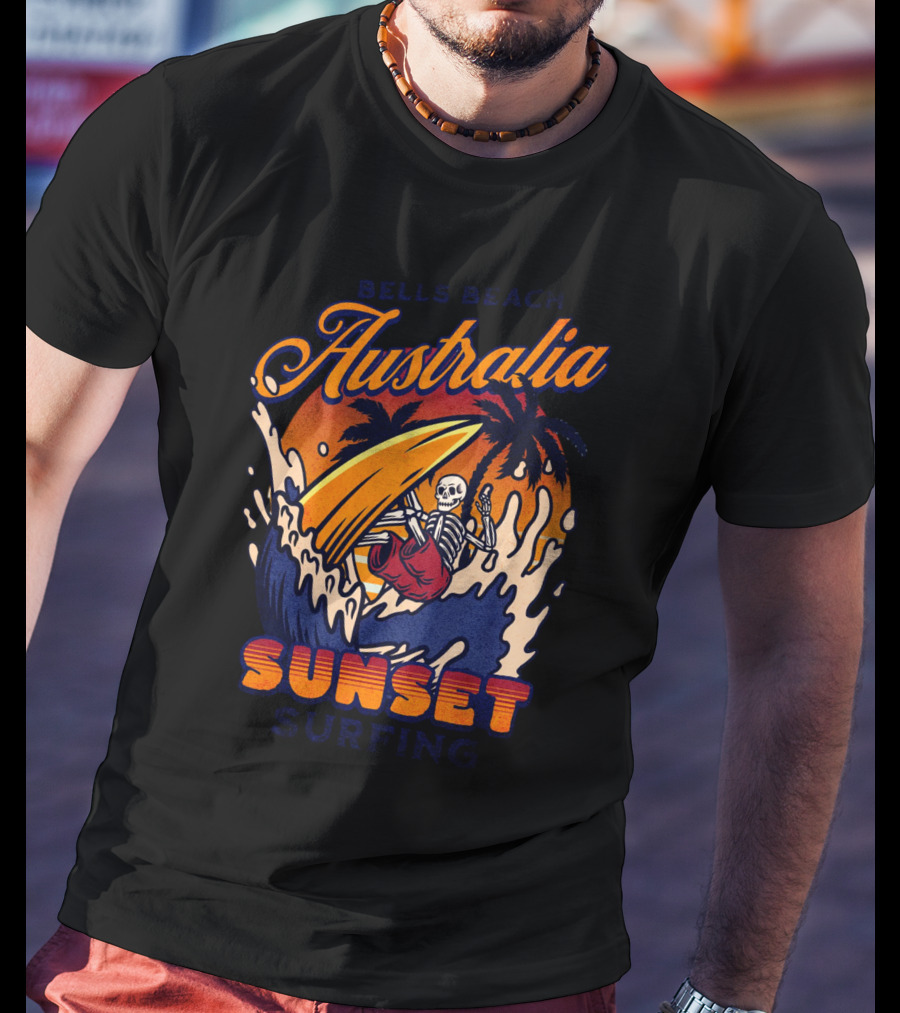 Bells Beach Australia Sunset Surfing Skeleton On Wave With Palm Trees T-Shirt