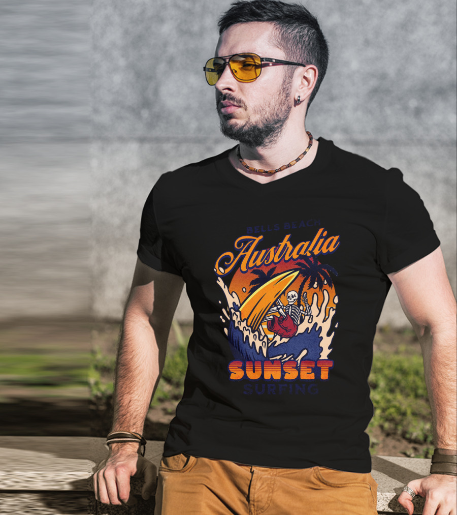 Bells Beach Australia Sunset Surfing Skeleton On Wave With Palm Trees T-Shirt