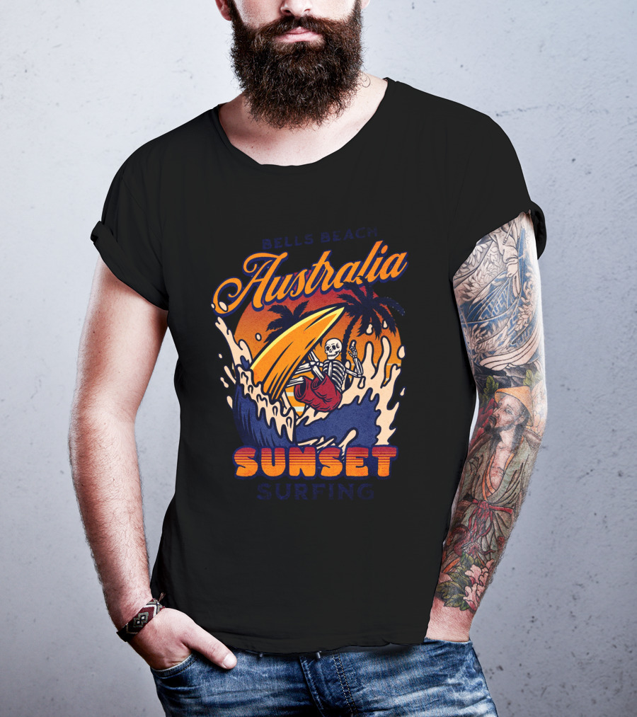 Bells Beach Australia Sunset Surfing Skeleton On Wave With Palm Trees T-Shirt
