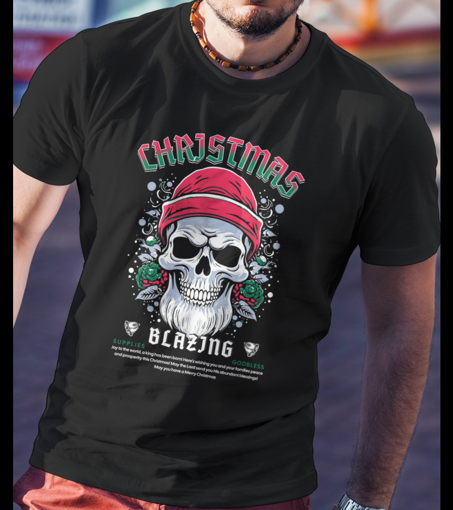 CHAJISMIS Blazing Skull Joy To The World Merry Christmas T-Shirt