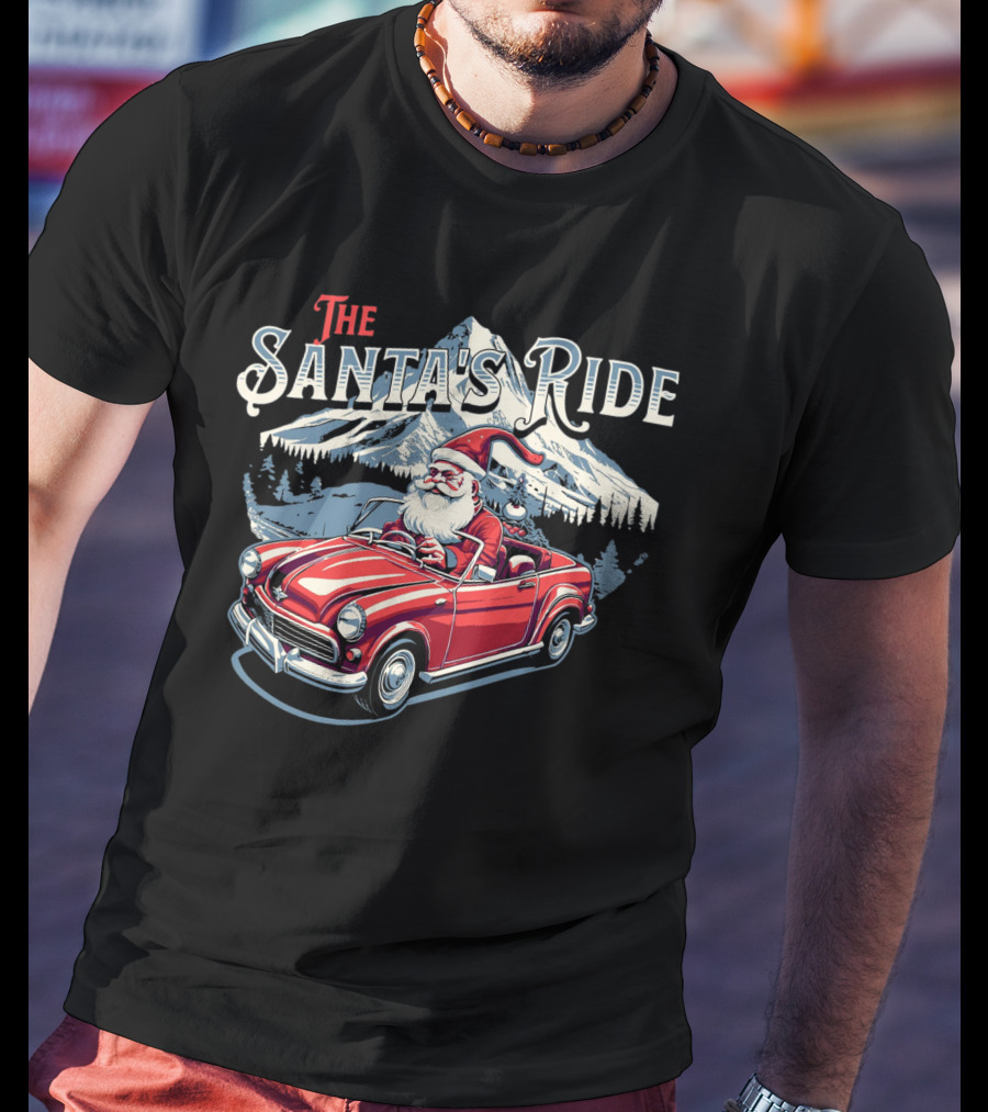 The Santa's Ride With Classic Red Convertible In Winter Mountain Scene T-Shirt