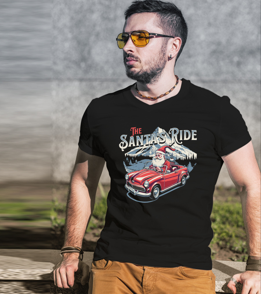 The Santa's Ride With Classic Red Convertible In Winter Mountain Scene T-Shirt