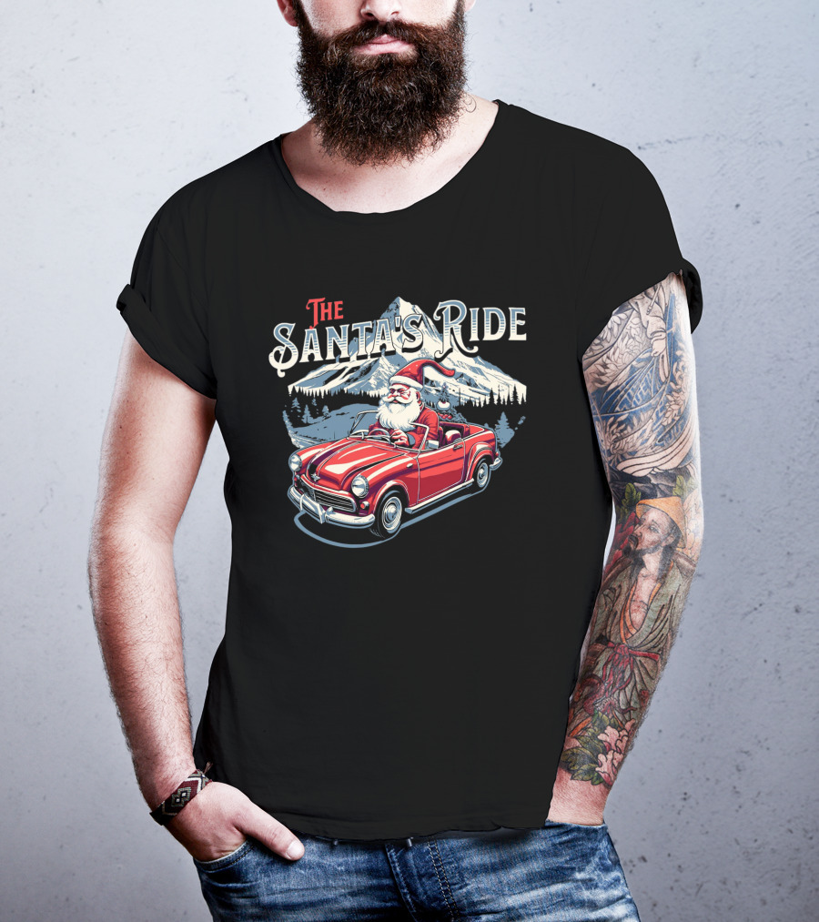The Santa's Ride With Classic Red Convertible In Winter Mountain Scene T-Shirt