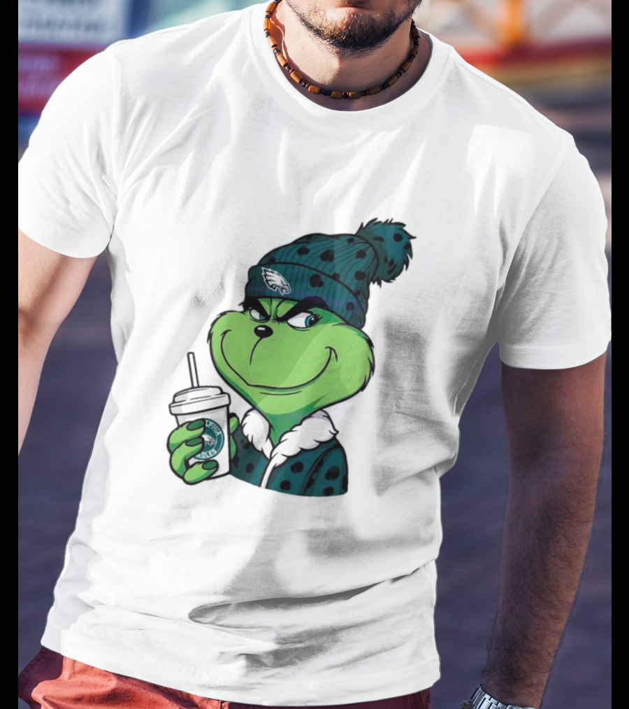 Grinch Holding Cup Wearing Philadelphia Eagles Beanie T-Shirt
