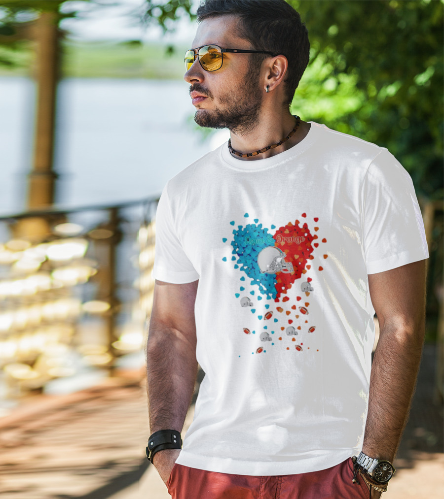 Miami Dolphins Aqua And Orange Heart With Football Helmets And Hearts T-Shirt