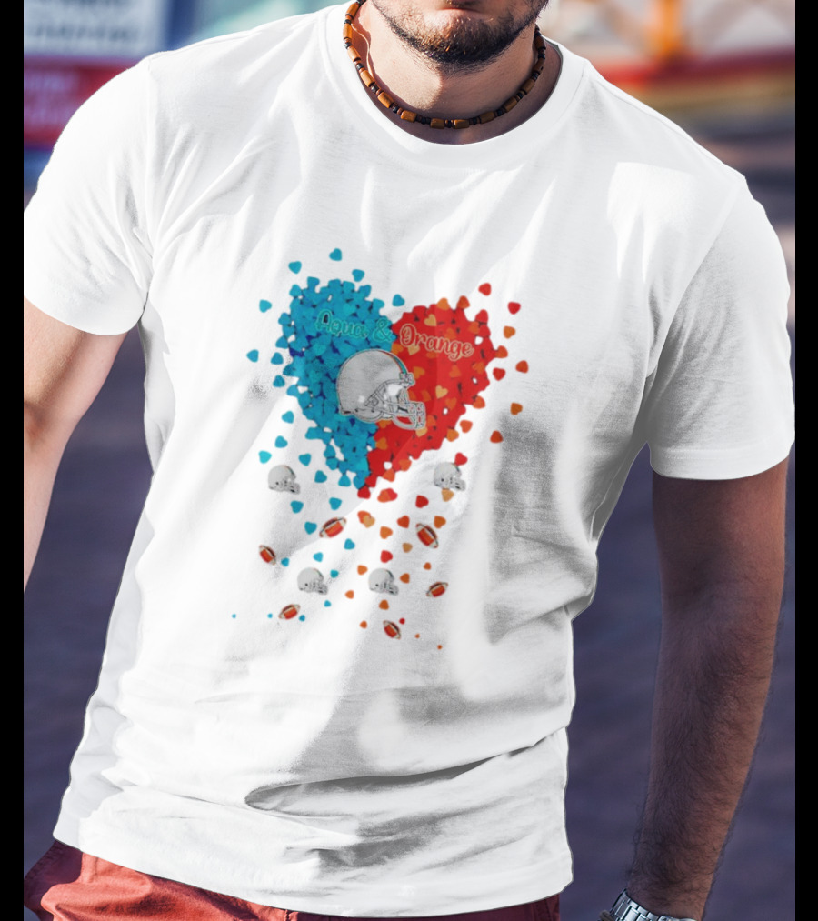 Miami Dolphins Aqua And Orange Heart With Football Helmets And Hearts T-Shirt