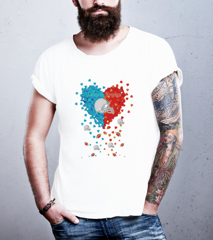 Miami Dolphins Aqua And Orange Heart With Football Helmets And Hearts T-Shirt