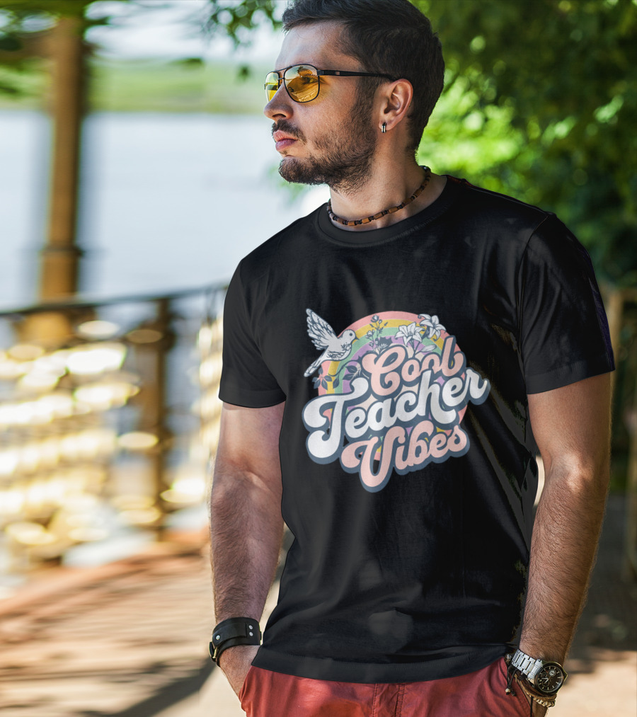 Cool Teacher Vibes Retro Rainbow Floral Design With Dove T-Shirt