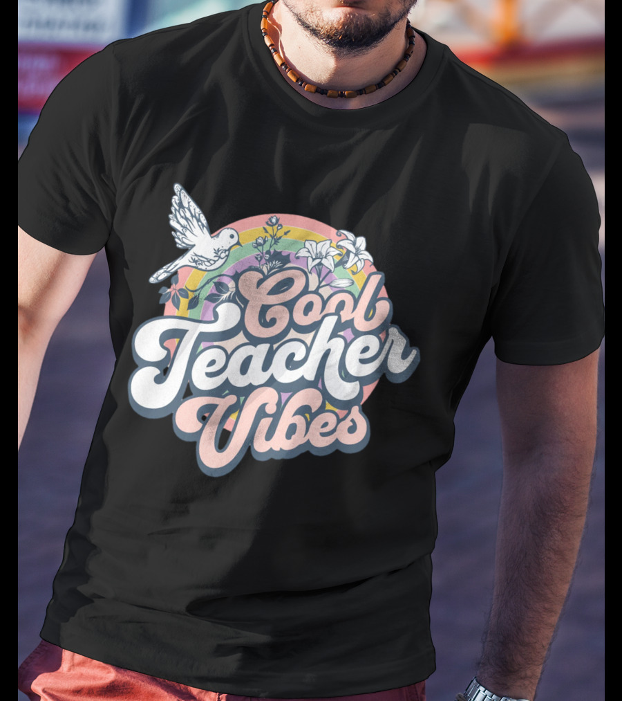 Cool Teacher Vibes Retro Rainbow Floral Design With Dove T-Shirt