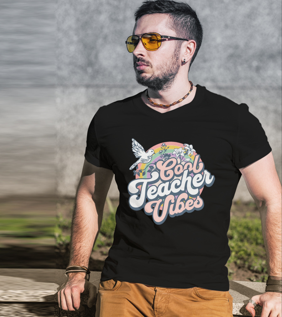 Cool Teacher Vibes Retro Rainbow Floral Design With Dove T-Shirt