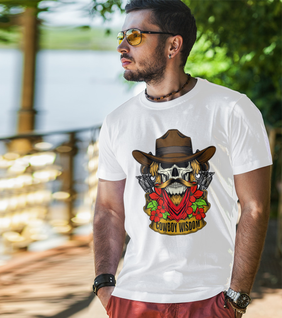 Cowboy Wisdom Skull Western Skeleton Bandana Pistols Flowers T-Shirt