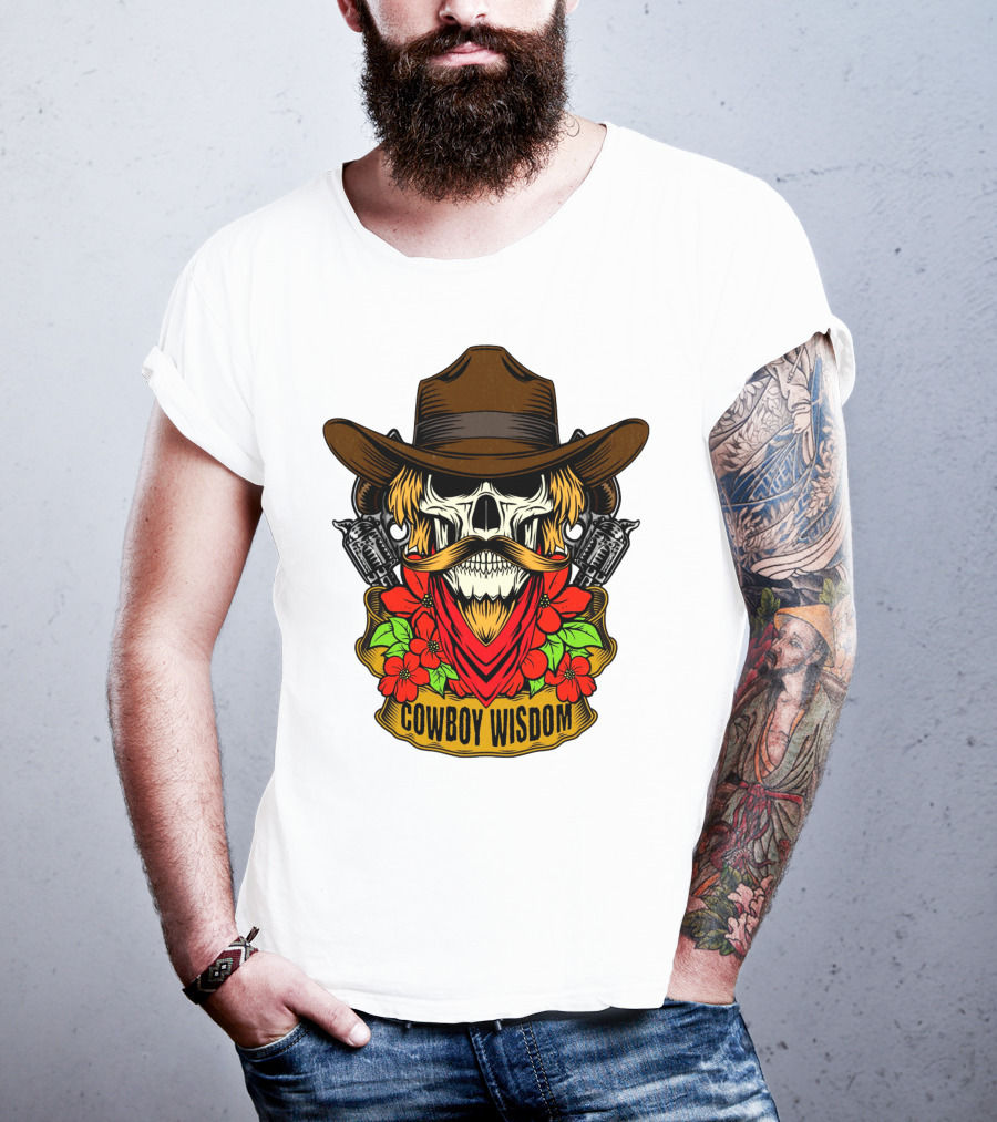 Cowboy Wisdom Skull Western Skeleton Bandana Pistols Flowers T-Shirt