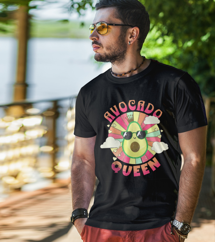 Kawaii Avocado Queen Retro Rainbow Sunburst With Clouds And Sunglasses T-Shirt
