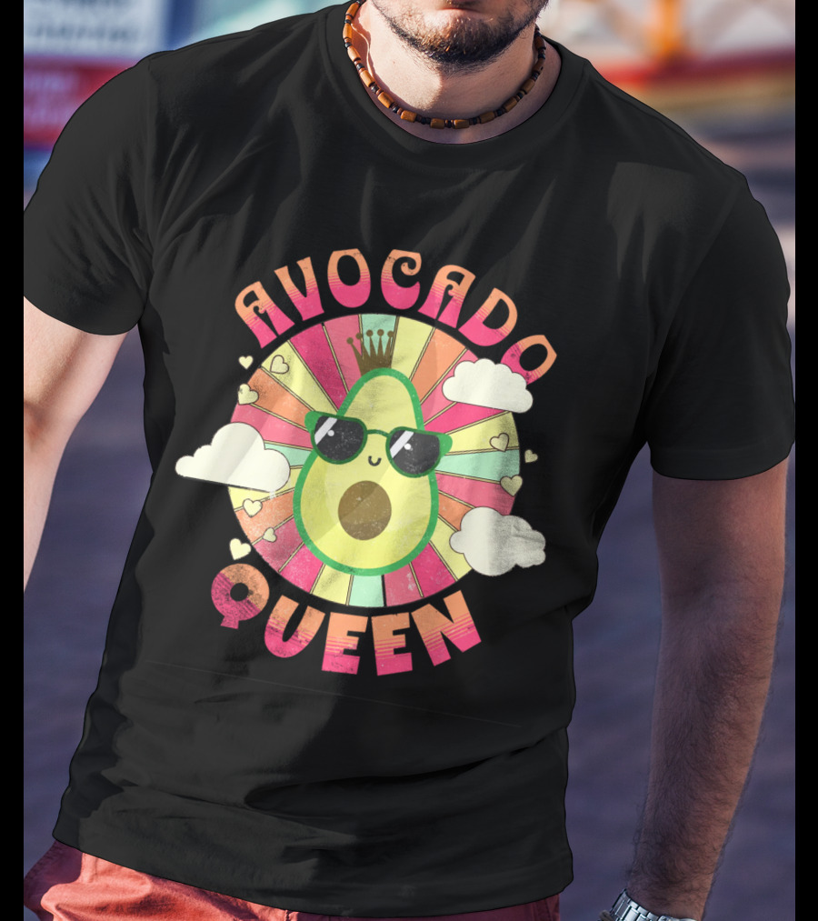 Kawaii Avocado Queen Retro Rainbow Sunburst With Clouds And Sunglasses T-Shirt