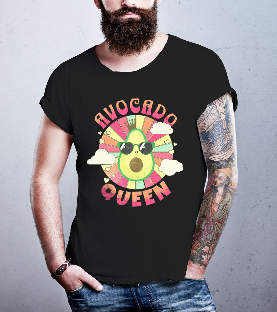 Kawaii Avocado Queen Retro Rainbow Sunburst With Clouds And Sunglasses T-Shirt