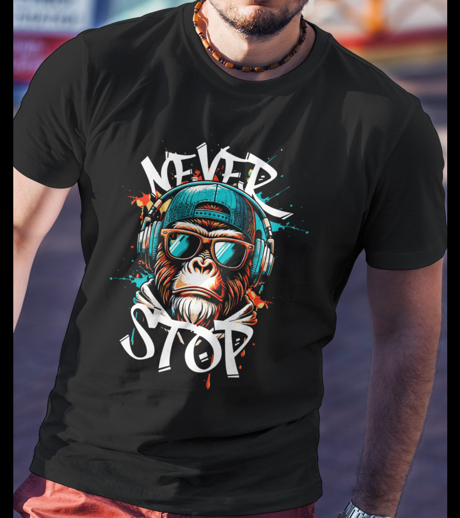 Never Stop Headphones Monkey With Sunglasses And Cap T-Shirt