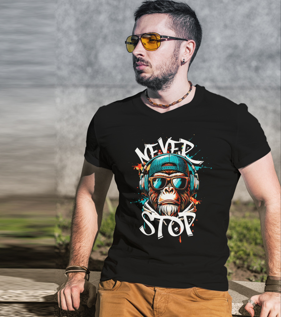 Never Stop Headphones Monkey With Sunglasses And Cap T-Shirt