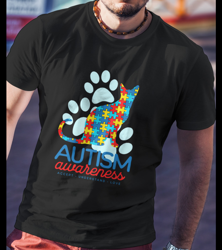 Autism Awareness Accept Understand Love Puzzle Cat Paw T-Shirt