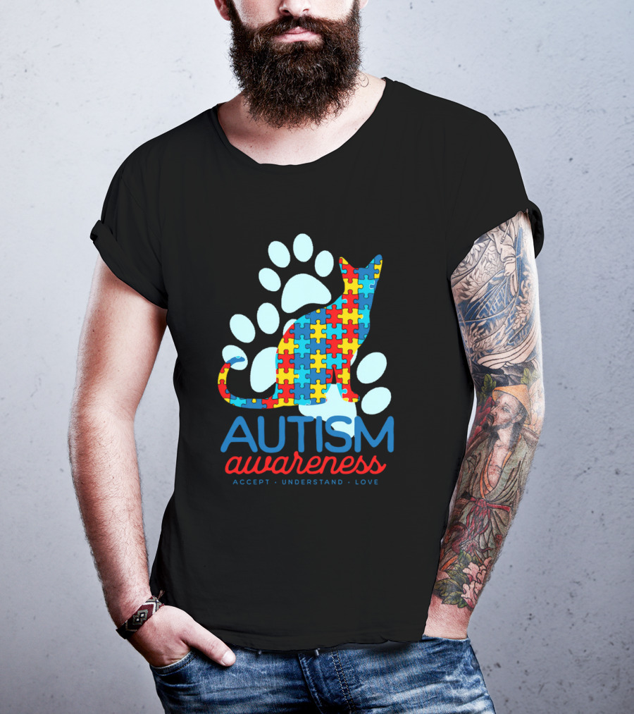 Autism Awareness Accept Understand Love Puzzle Cat Paw T-Shirt