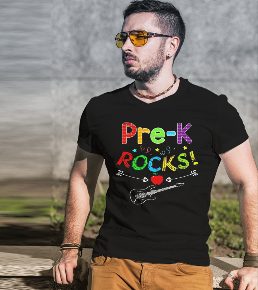 Pre-K Rocks Funny Kids Teachers Back To School With Guitar And Apple T-Shirt