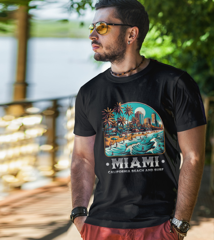 Miami Beach And Surf California Palm Skyline Ocean Waves T-Shirt