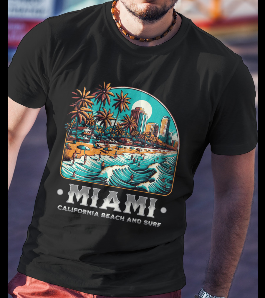 Miami Beach And Surf California Palm Skyline Ocean Waves T-Shirt