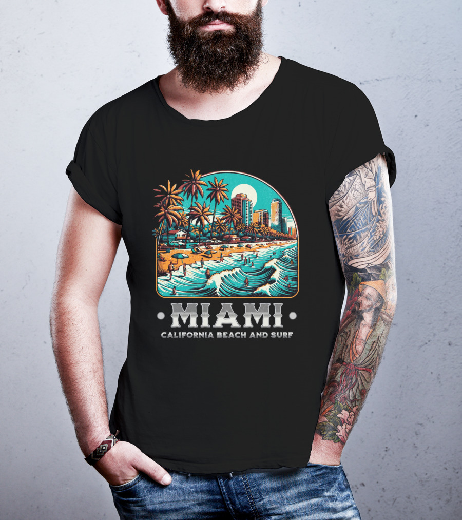 Miami Beach And Surf California Palm Skyline Ocean Waves T-Shirt